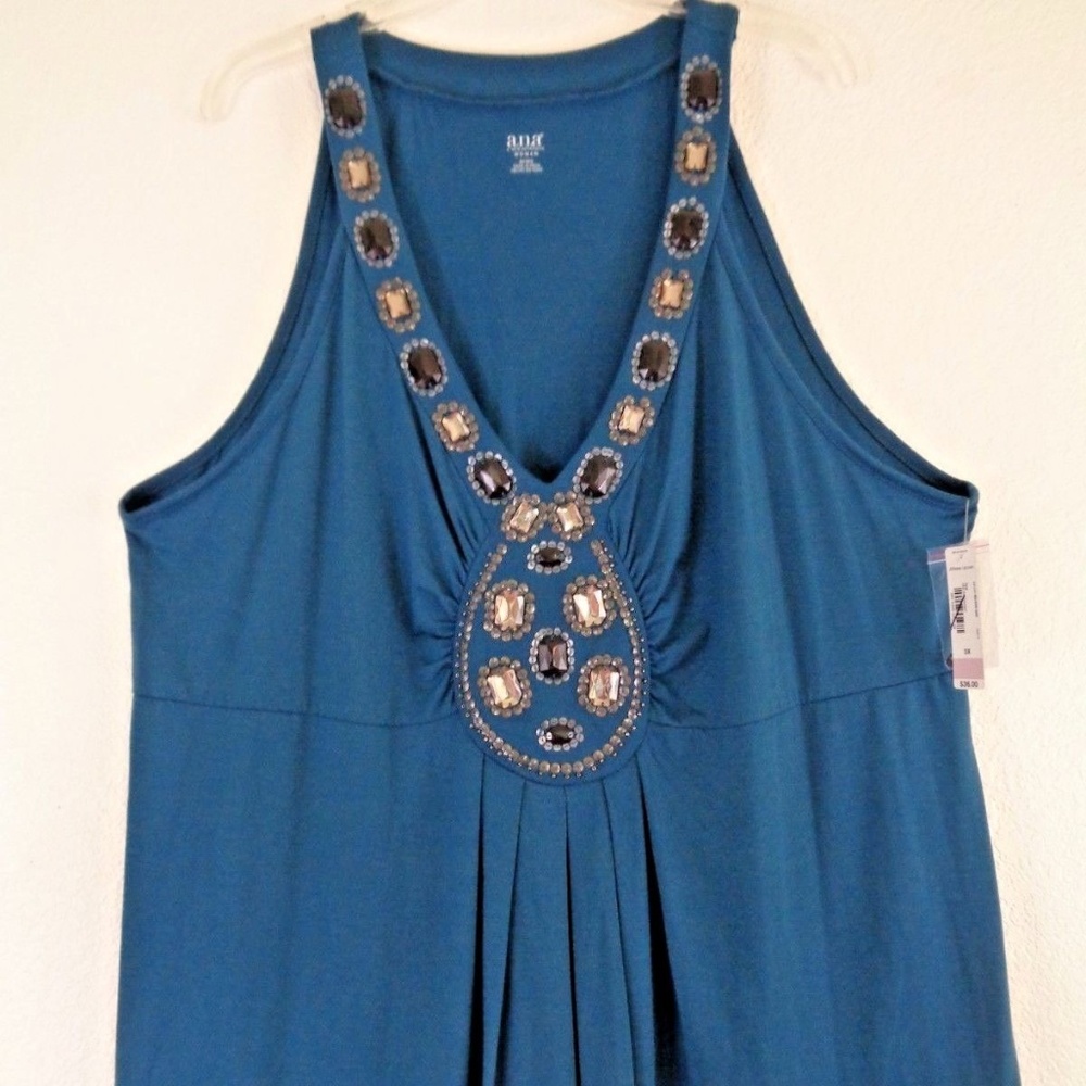ANA Tank Top 3X Teal Black Jewel Accent V-Neck NW